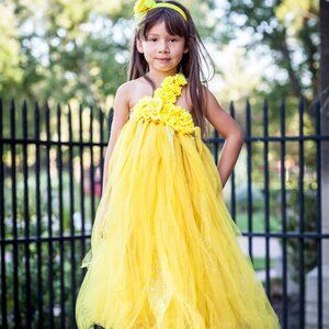 Girls Yellow Flower One Shoulder Tutu Dress